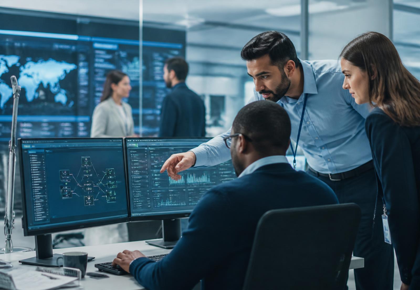 IT specialists reviewing network monitoring dashboards in a modern office